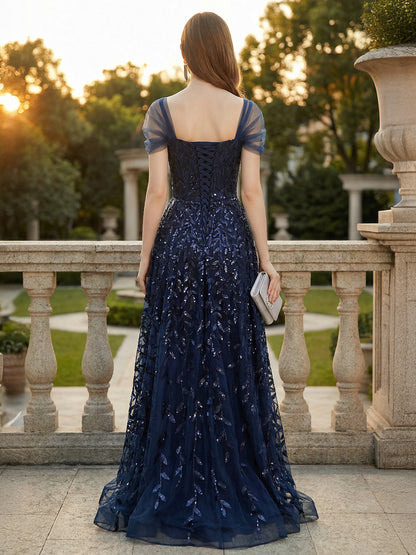 Deep Blue Sequin Maxi Prom Dress with Sweetheart Neckline and Off-shoulder For Summer 2026