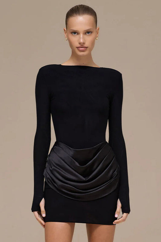 Boat Neck Padded Shoulder Long Sleeve Draped Satin Hip Overlay Bodycon Mini Dress