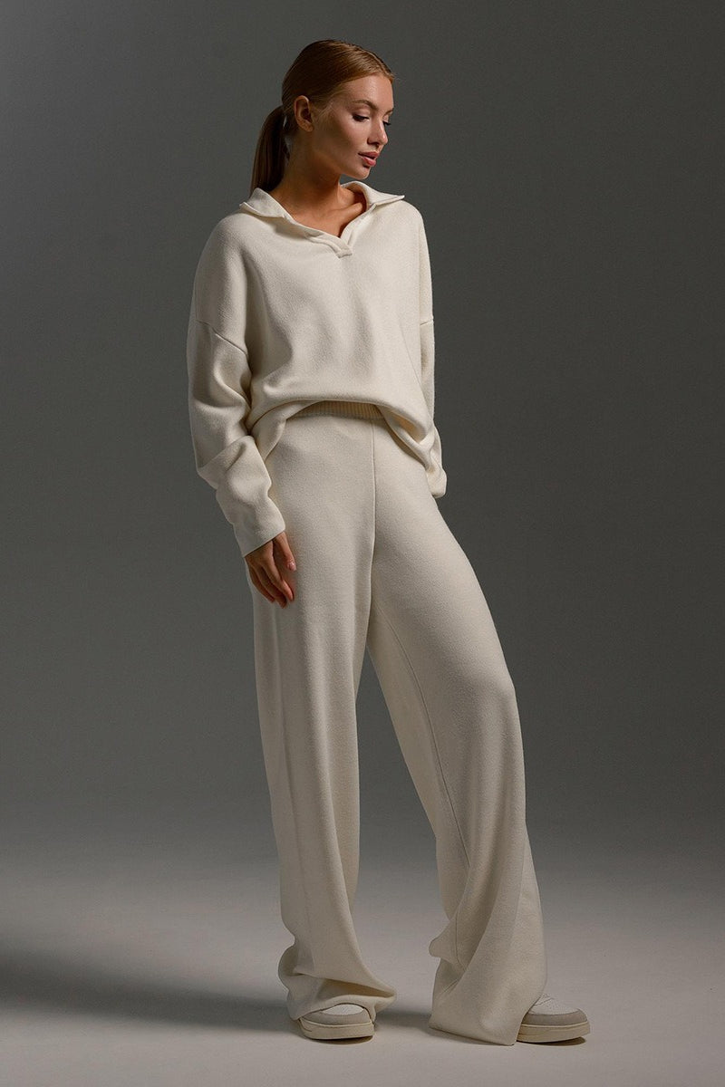 | Polo Collar Knit Pullover and Wide-Leg Pants Set