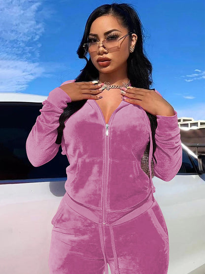 Velour Zip Up Slim Fit Hoodie Jogger Set For Women 2026