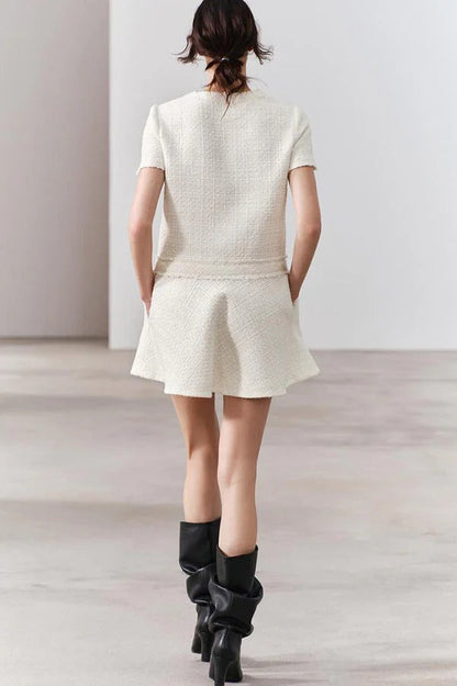 Metal Button Short Sleeve Round Neck Tweed Fit-and-Flare Mini Dress