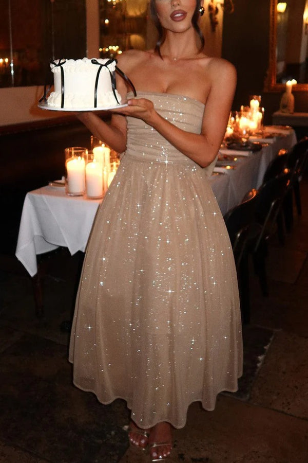 Glitter Mesh Strapless Ruched Fit-and-Flare Pocket Midi Dress