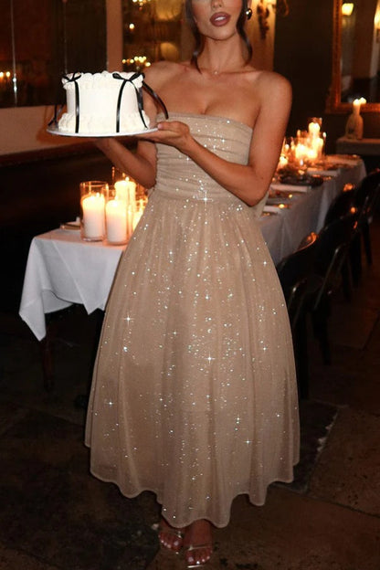Glitter Mesh Strapless Ruched Fit-and-Flare Pocket Midi Dress