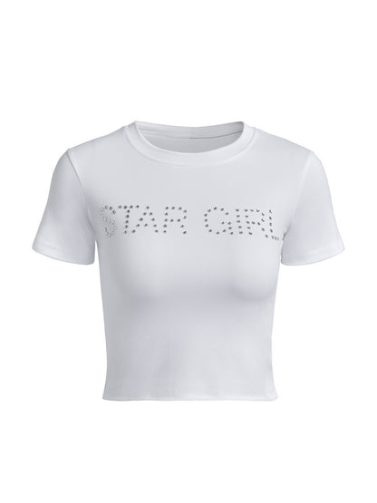 Letter Rhinestone Print Short Sleeve Tee