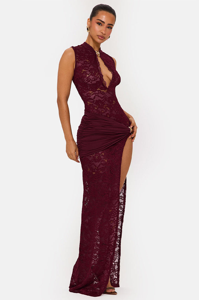 Floral Lace Mandarin Collar Keyhole Sash Wrap High Split Maxi Gown