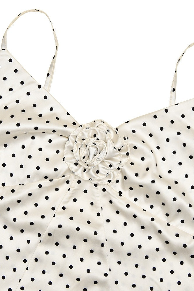 Polka Dot Spaghetti Strap Rosette Detail Cowl Neck Tiered Slip Maxi Dress