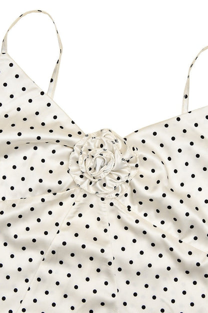 Polka Dot Spaghetti Strap Rosette Detail Cowl Neck Tiered Slip Maxi Dress