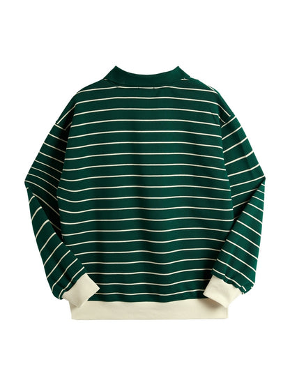 Stripe Print Bear Embroidery Shirt Neck Oversized Hoodie