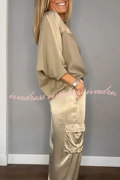 Calissa Smooth Satin Half-sleeved Top and Elastic Waist Pocket Pants Set