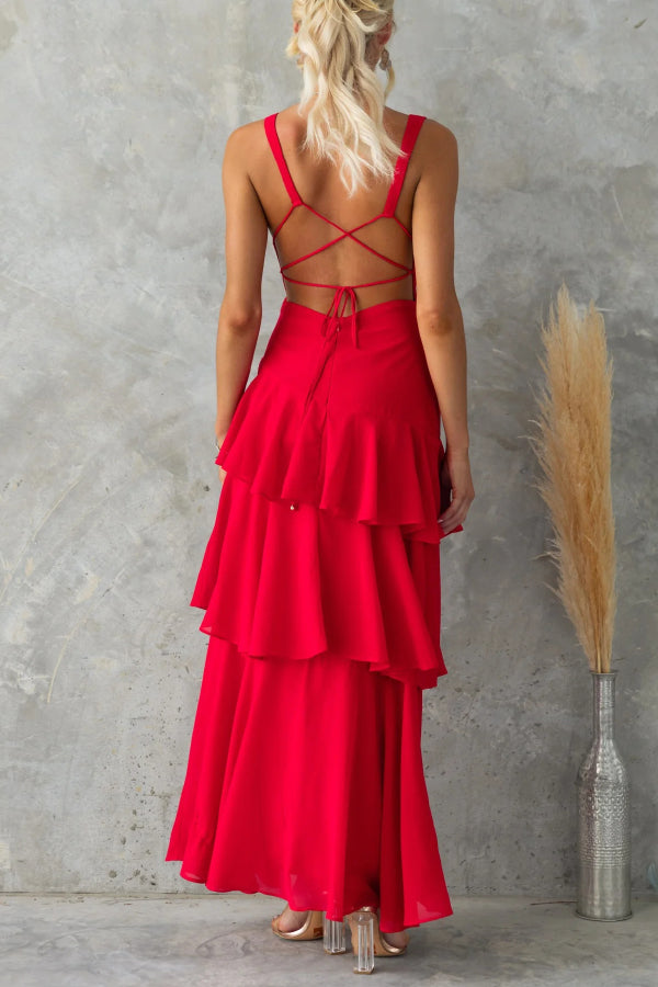 Solid Color V-neck Sleeveless Elegant Layered Maxi Dress
