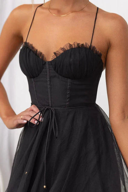 Sweetheart Neck Spaghetti Strap Corset Lace Up Tulle Skirt Midi Dress