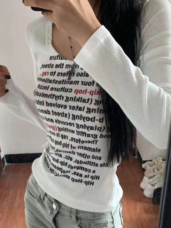 Letter Print U Neck Long Sleeve Knit