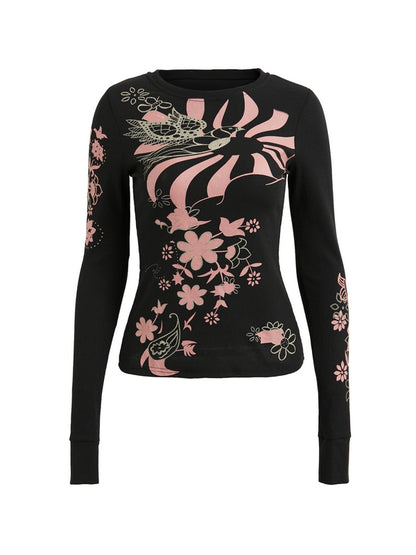 Floral Print Ribbed Slim Long Sleeve Knit