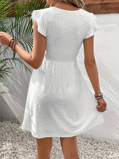 Eyelet Embroidery V-Neck Flutter Sleeve Crochet Waistband Tiered Mini Dress
