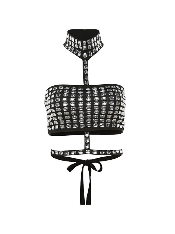 Rhinestone Decor Tie Up Backless Halter Vest