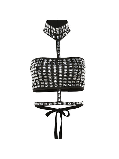 Rhinestone Decor Tie Up Backless Halter Vest
