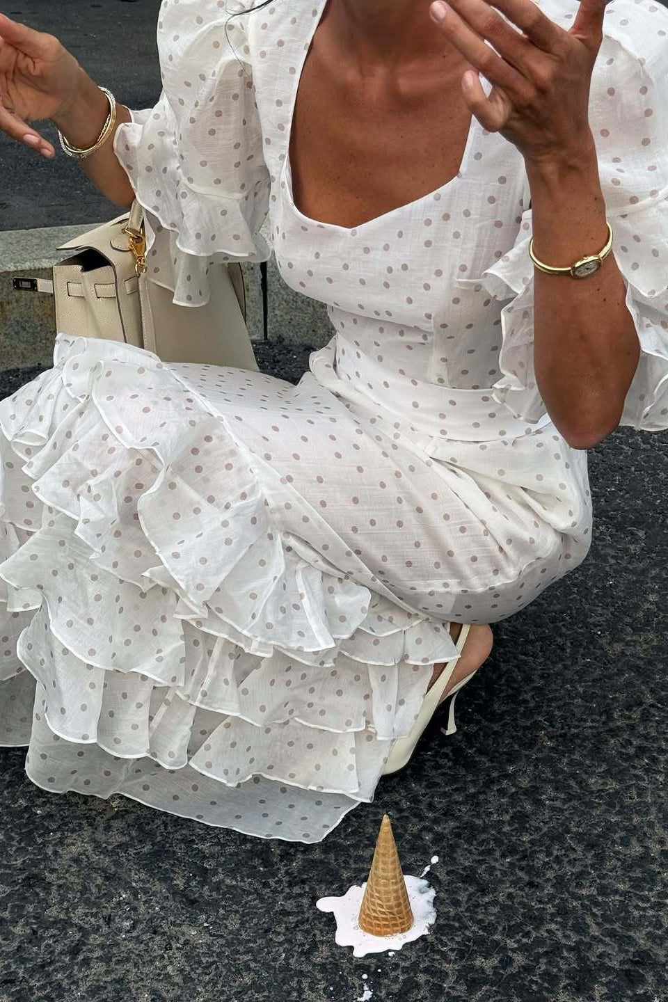 Polka Dot Tiered Ruffle Long Sleeve Cinched Waist Maxi Dress