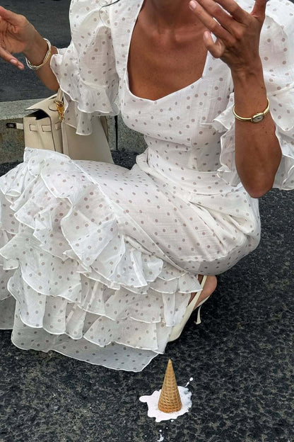Polka Dot Tiered Ruffle Long Sleeve Cinched Waist Maxi Dress