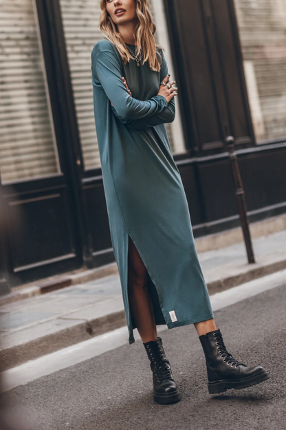 The Bedisse Cotton Blend Long Sleeve Relaxed Slit Midi Dress