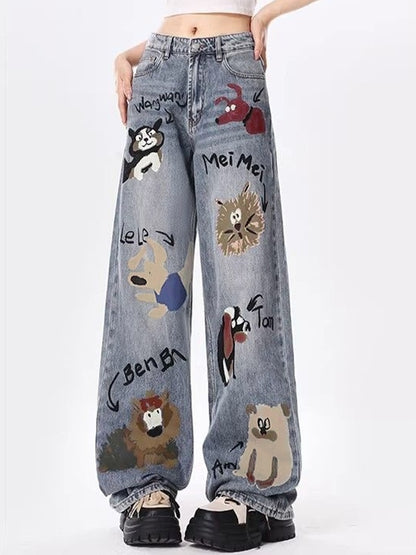 Animal Graffiti Print High Rise Boyrfriend Jeans
