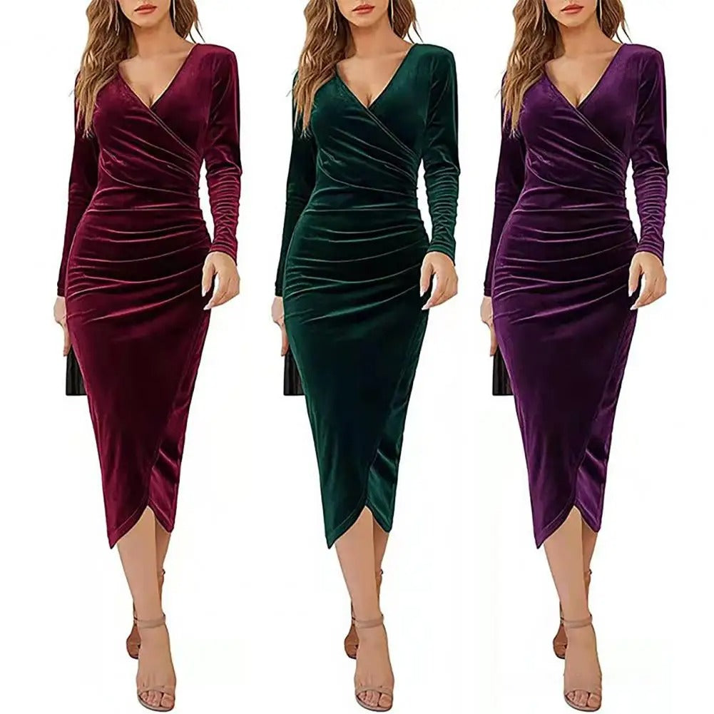 Velvet Wrap V-Neck Long Sleeve Side Ruched Tulip Hem Midi Dress
