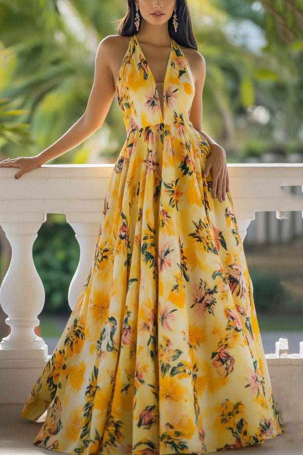 Floral Print V-neck Backless Fitted Waist Elegant Maxi Dress