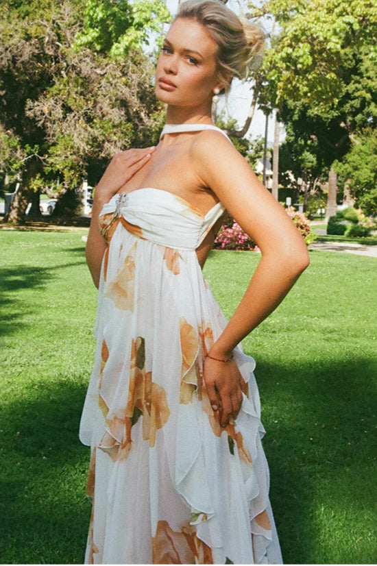 | Floral Backless Halter Maxi Dress