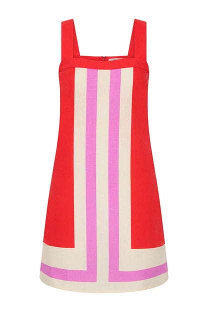Mika Linen Blend Contrast Color Lines Square Neck Loose Mini Dress