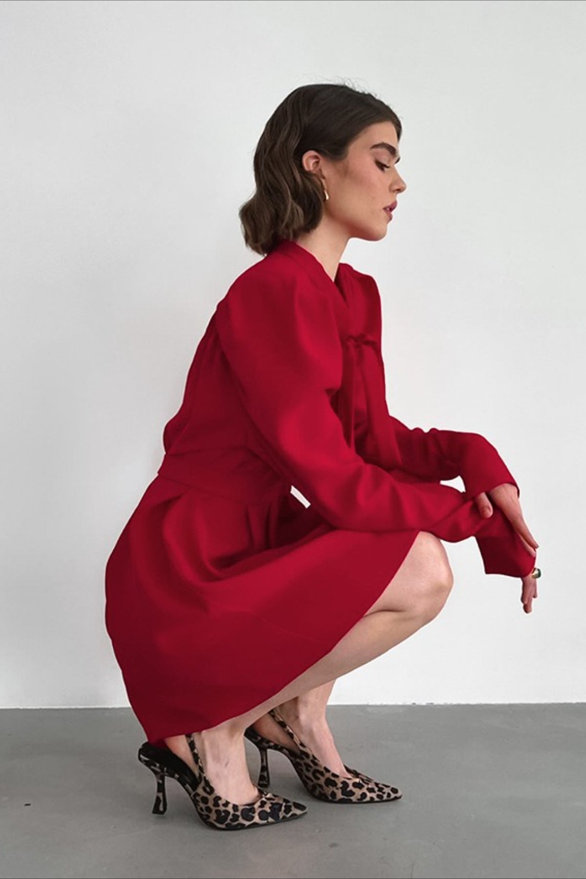 Choker Neck Deep V Neck Puff Shoulder Tie Waist Wrap Mini Dress