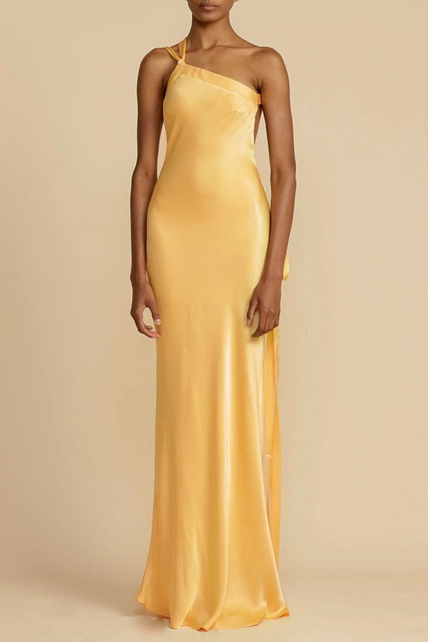 One-Shoulder Knotted Strap Side-Tie Satin Column Maxi Gown
