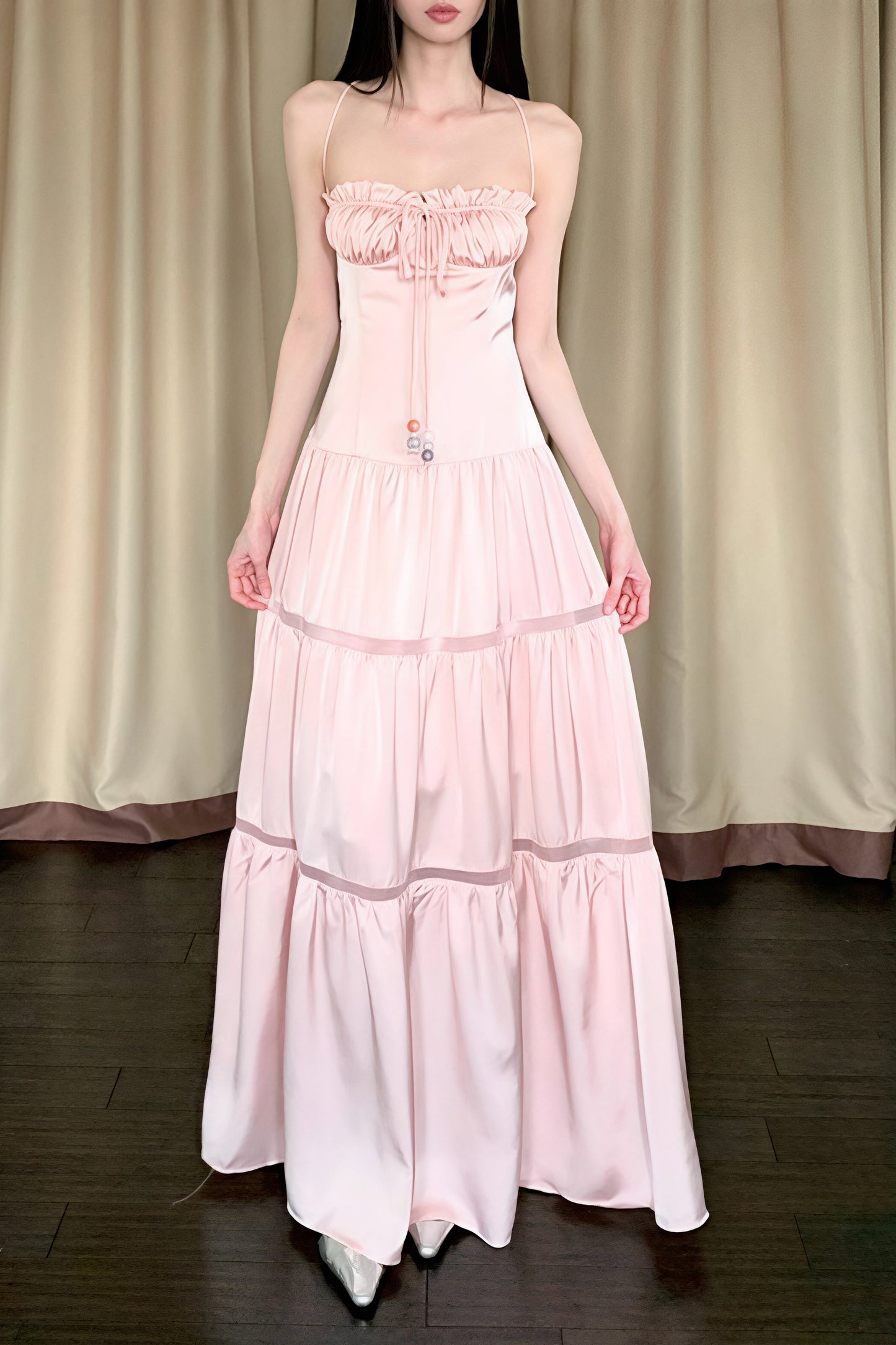 | Satin Strapless Spaghetti Strap Maxi Dress in Pink