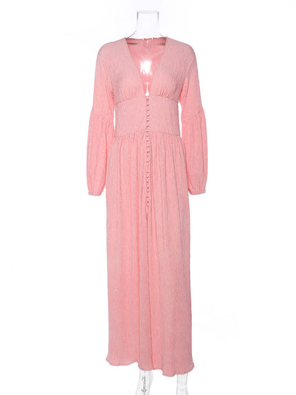 Boho V Neck Maxi Dress - Puff Sleeve Button Front High Slit Long Dress - Spring Beach Vacation 2026