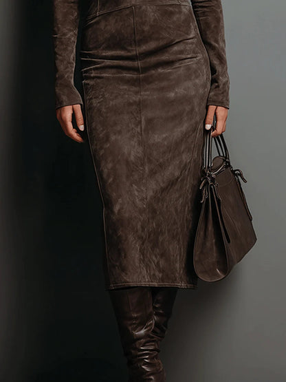 Suede Look Turtleneck Long Sleeve Bodycon Midi Dress