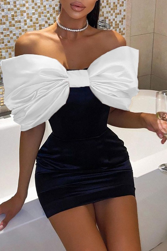 Satin Oversized Bow Off-the-Shoulder Bodycon Mini Dress