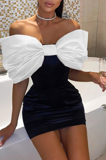 Satin Oversized Bow Off-the-Shoulder Bodycon Mini Dress