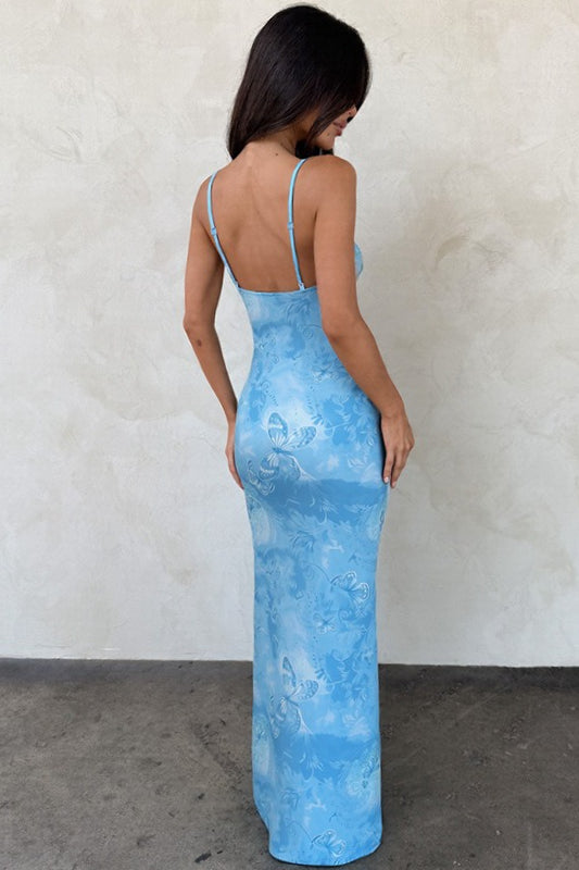 Twist Front Diamond Cutout Butterfly Print Bodycon Maxi Dress