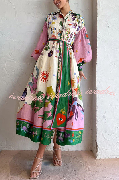 Effortless and Playful Print Balloon Sleeve Shirt Midi Dress