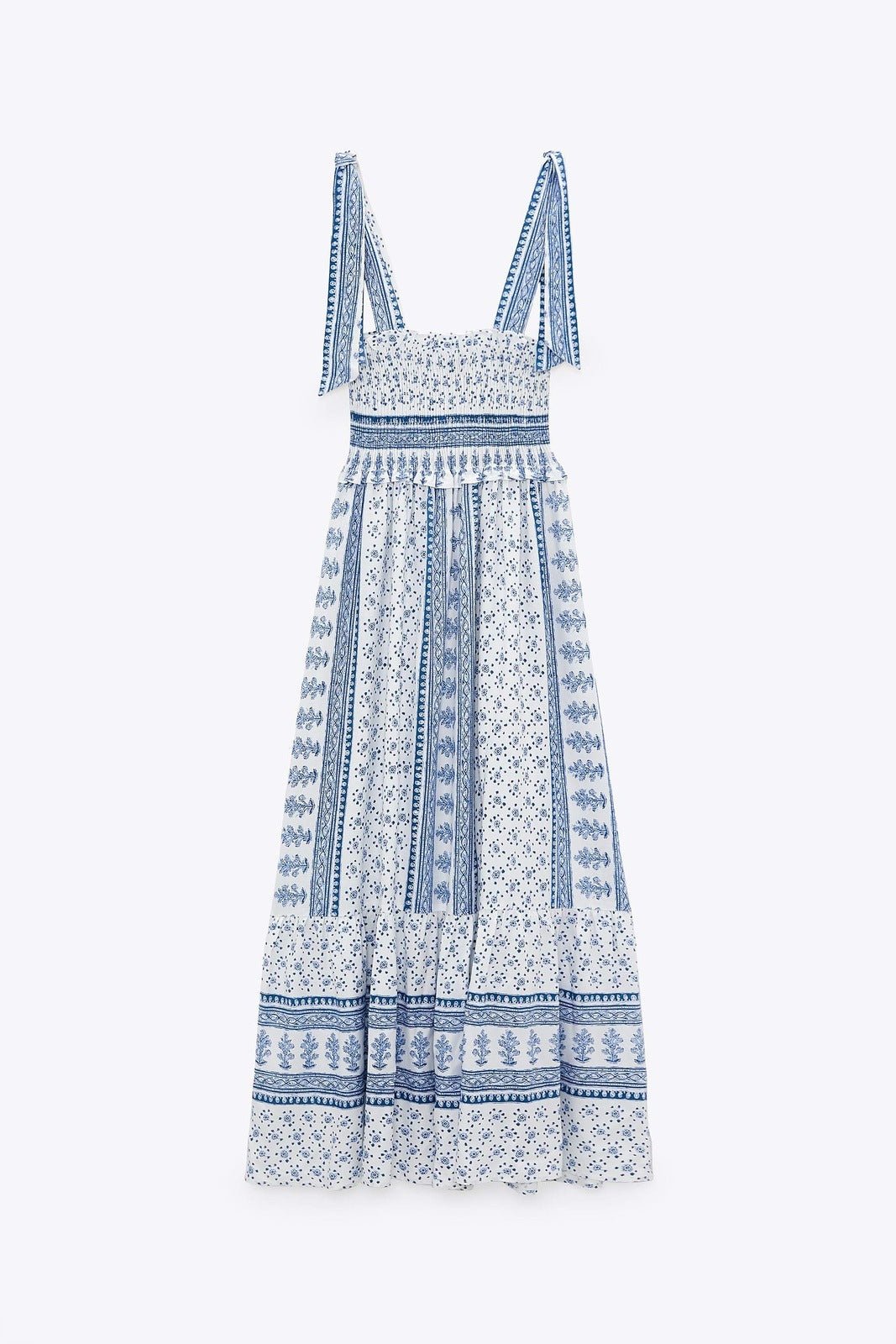 Patchwork Print Smocked Tie Shoulder Square Neck Ruffle Trim Midi Dress