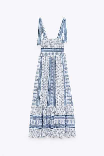 Patchwork Print Smocked Tie Shoulder Square Neck Ruffle Trim Midi Dress