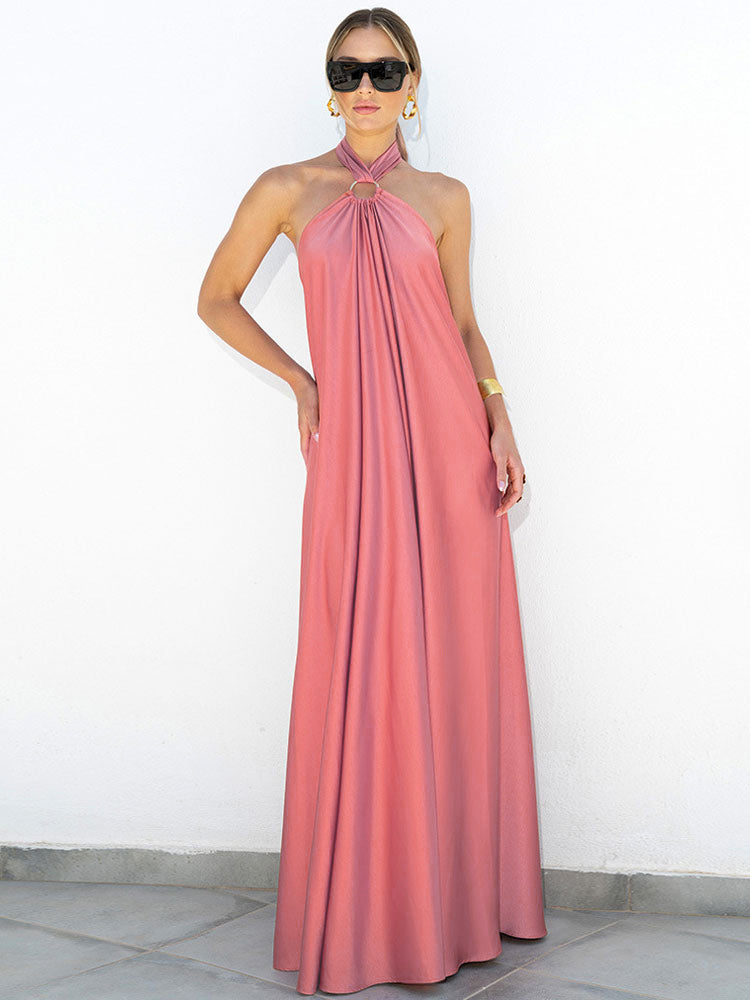 Halter Backless Women Maxi Dress - Satin Minimalist Flowy Gown - Summer Vacation Beach Party 2026