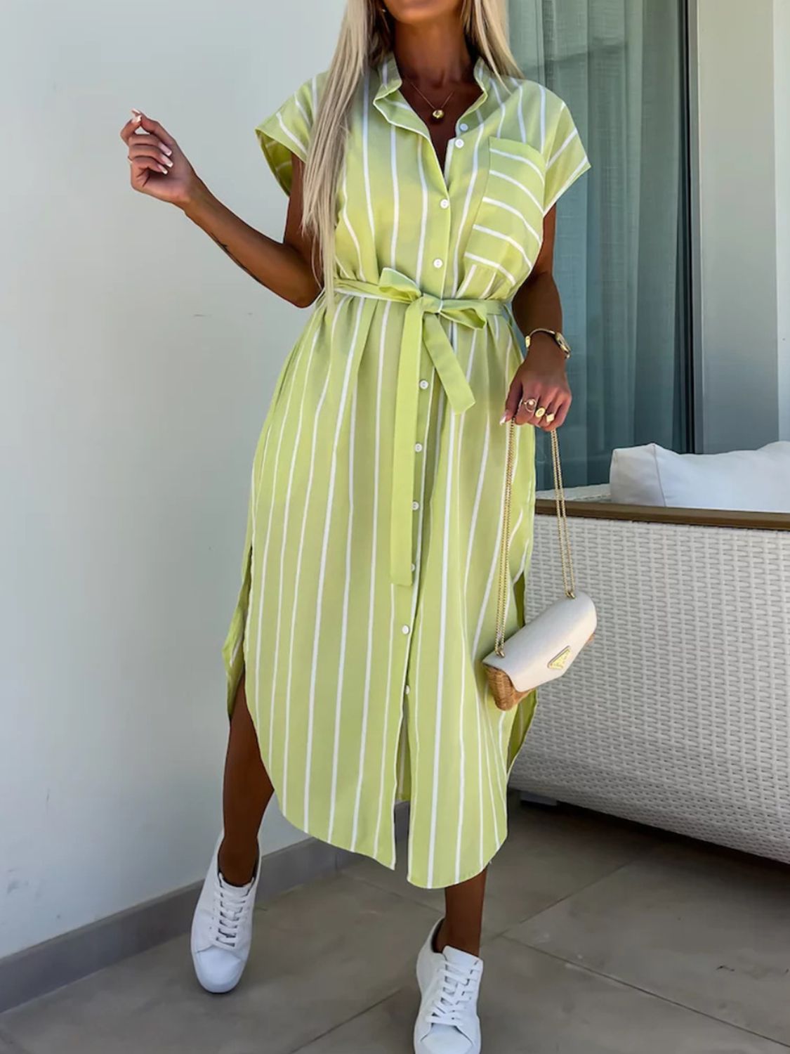 Pinstripe Button-Front Tie Waist Cap Sleeve Shirt Midi Dress