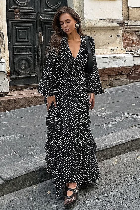 Polka Dot Wrap V-Neck Balloon Sleeve Ruffle Front Maxi Dress
