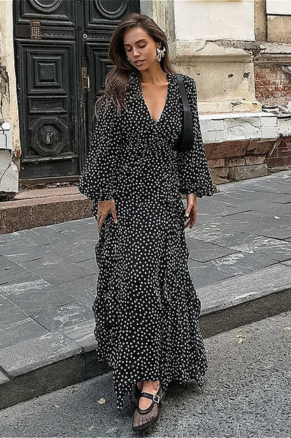 Polka Dot Wrap V-Neck Balloon Sleeve Ruffle Front Maxi Dress