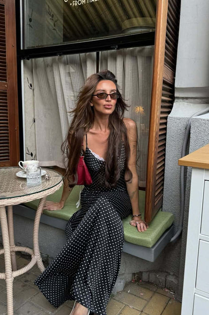 Polka Dot Lace Trim Spaghetti Strap Scoop Neck Slip Maxi Dress