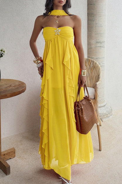 Strapless Ruched Starfish Brooch Cascading Vertical Ruffle Chiffon Maxi Dress