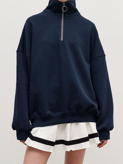 Solid Lapel Neck Half Zip Sweatshirt