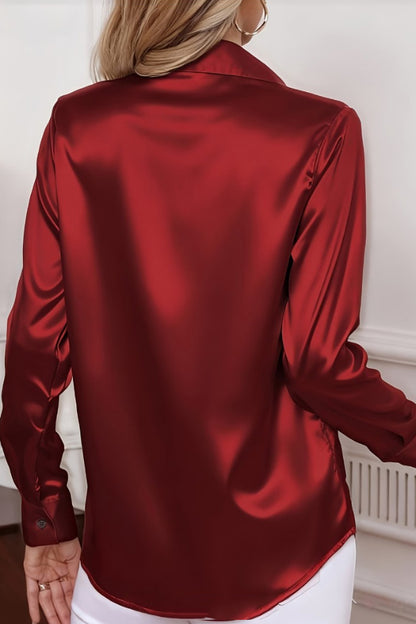 Solid Color Collared Long-sleeved Casual Button-down Shirt