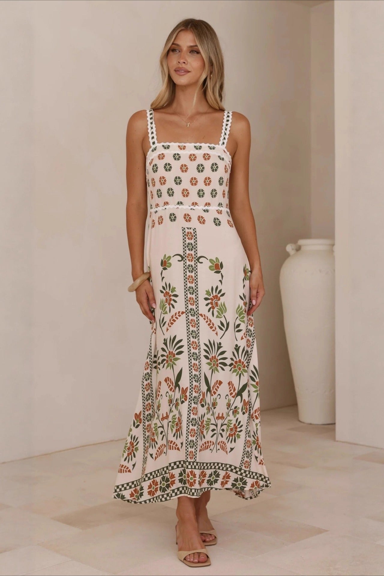 Scalloped Trim Square Neck Panel Print Border Hem Maxi Dress