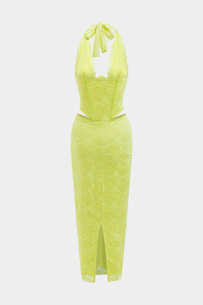 Lace Halter Neck Corset Waist Cut Out Bodycon Maxi Dress