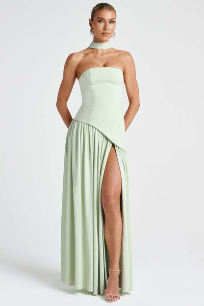 Solid Bustier High Slit Formal Dress